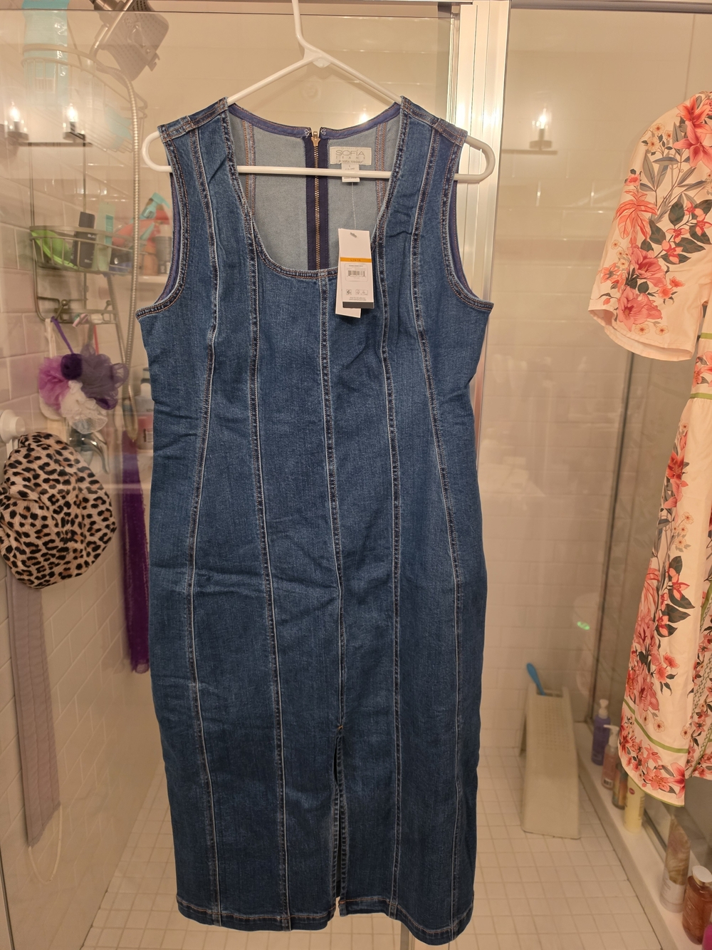 Sleeveless Blue Denim Midi Dress with Vertical Seams